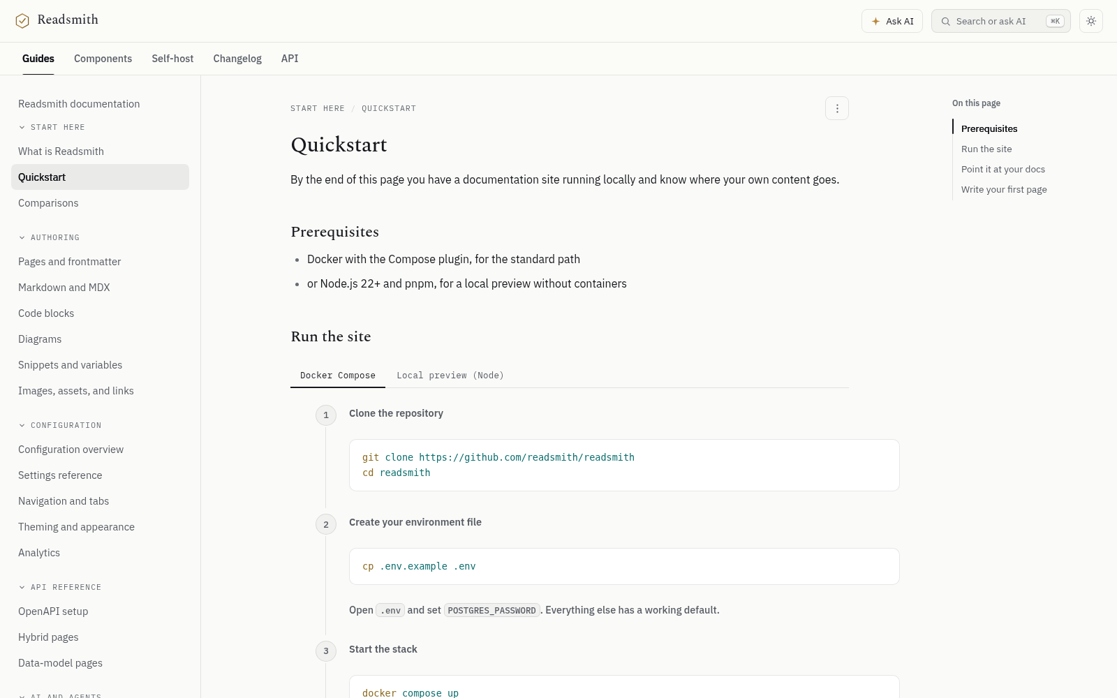 The Readsmith documentation site: warm paper, serif headings, a guided quickstart